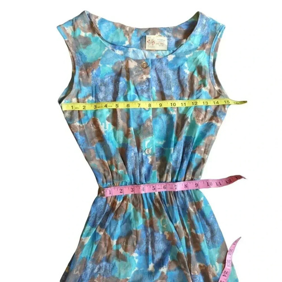 Vintage 50s Blue Brown Button Dress Vintage size 14 - Picture 3 of 9